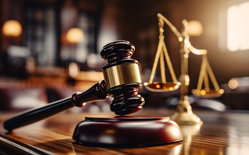 Close-up of gavel on judge desk, symbolizing court trial, justice and legal decisions in courtroom